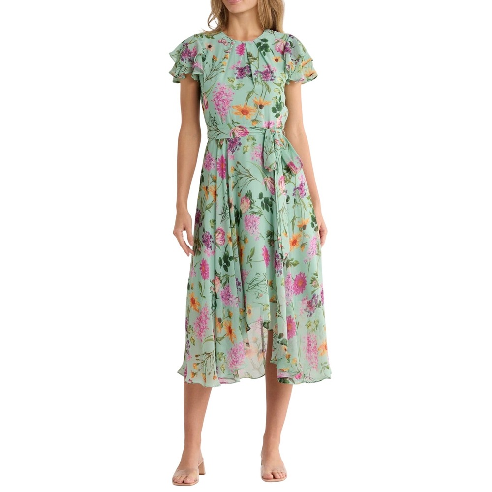 Eliza J Floral Short Sleeve Chiffon High Low Dress Sage Green Midi Womens 6